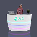 Modern White Reception Desk With LED Lights Laptop Potted Plant And JaZu Logo