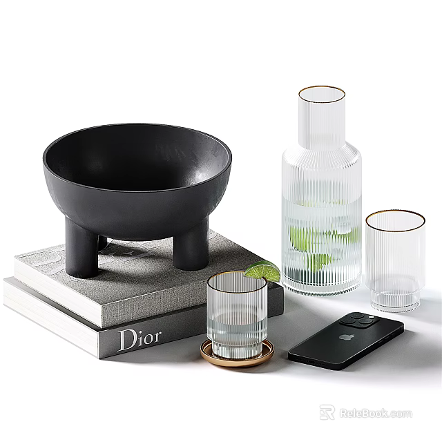 Ornamental Decorative Set With Black Bowl Transparent Bottle Glass Cups Books And Phone 3d model 