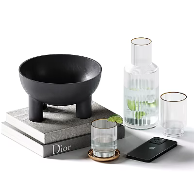 Ornamental Decorative Set With Black Bowl Transparent Bottle Glass Cups Books And Phone 3d model