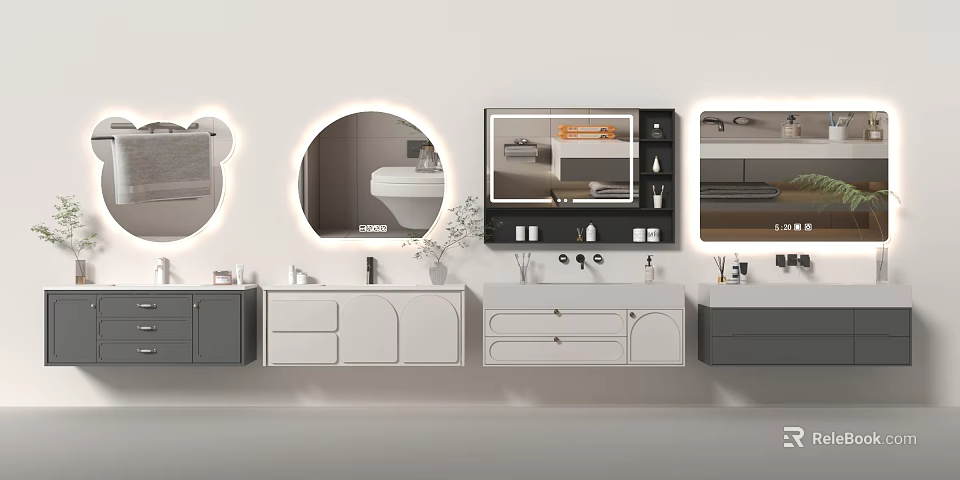 Modern Bathroom Sink Vanities With Round Rectangular Mirrors LED Lighting And White Gray Cabinets 3d model