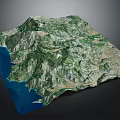 3D Terrain Model Featuring Mountain Ranges Lush Green Vegetation And Coastal Areas