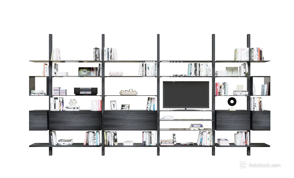 Modern Bookcase With Multiple Shelves Books Decorative Items And TV Screen 3d model