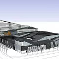 Modern Commercial Street With Glass Facade Orange Panels Trees And Pedestrians
