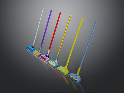 Colorful Mops With Long Handles And Various Colored Heads On Dark Background 3d model