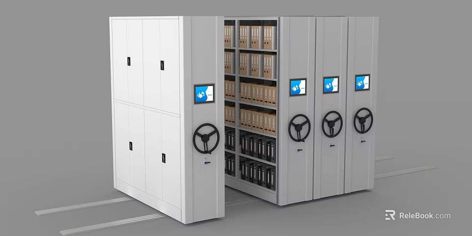Modern White Mobile Bookcase With Handwheels Folders Inside And Digital Screens 3d model 