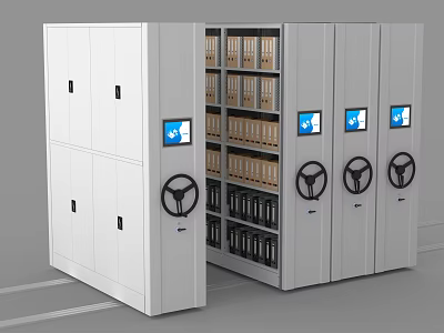 Modern White Mobile Bookcase With Handwheels Folders Inside And Digital Screens 3d model