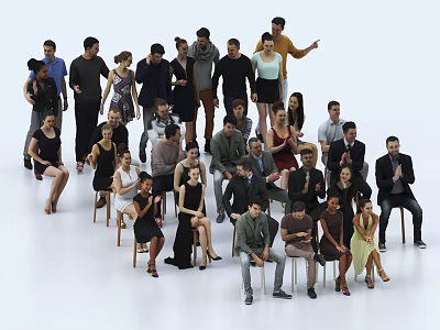 Group of Diverse People Standing and Sitting Together in Mixed Casual Formal Attire Posing for 3d model