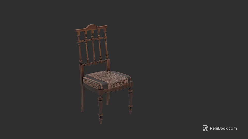 Vintage Wooden Carved Chair With Upholstered Patterned Fabric Seat And Carved Legs 3d model 