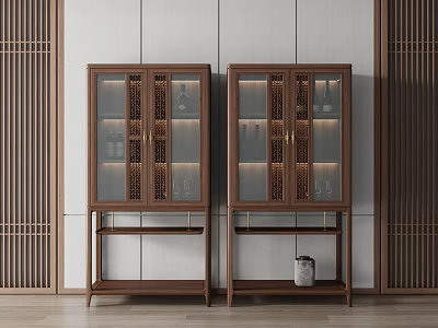 Modern Wooden Wine Cabinet with Glass Doors Storing Wine Bottles and Glasses Lattice Accent Interior 3d model