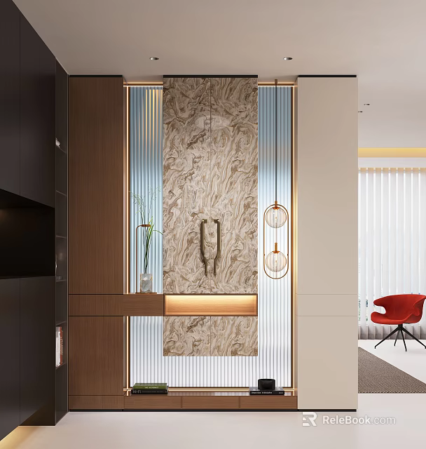 Modern Entryway Interior Design With Marble Wall Decorative Lighting And Wooden Accents 3d model 