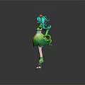 Fantasy Game and Movie Character with Turquoise Hair Red Headpiece Vine Decorations and Plant Dress