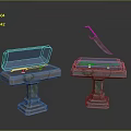 Mystical Floating Sword Above Blue Container and Opened Case on Stone Pedestals
