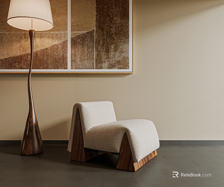 Modern Upholstered Single Chair With Wooden Legs Floor Lamp And Wall Art In Interior 3d model 