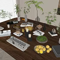 Elegant Decorative Items Set on Wooden Tabletop With Green Plants Vases Fresh Fruits Trays Books