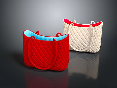 Quilted Red And Cream Tote Bags With Blue Red Linings And Sturdy Handles 3d model