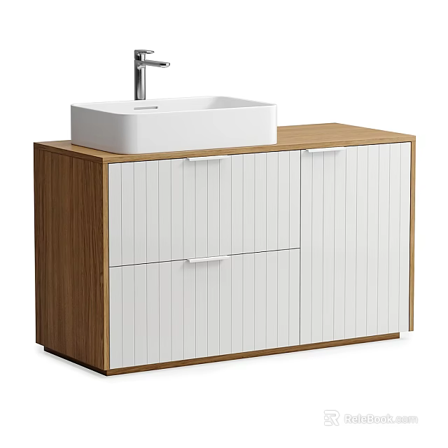 Modern Bathroom Vanity With Light Wood Countertop White Square Basin Silver Faucet And Striped Doors 3d model 