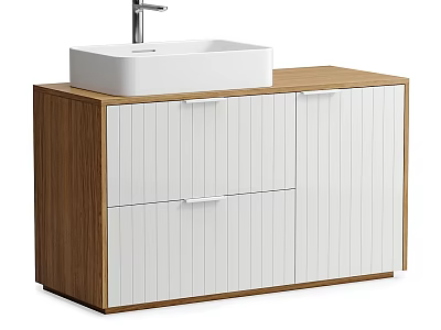 Modern Bathroom Vanity With Light Wood Countertop White Square Basin Silver Faucet And Striped Doors 3d model