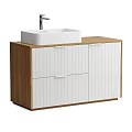 Modern Bathroom Vanity With Light Wood Countertop White Square Basin Silver Faucet And Striped Doors