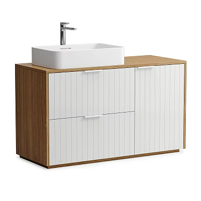 Modern Bathroom Vanity With Light Wood Countertop White Square Basin Silver Faucet And Striped Doors 3d model