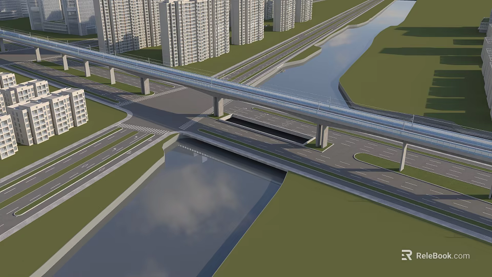 Modern Multi Level Bridge Over Urban River With High Rise Buildings And Roads 3d model 