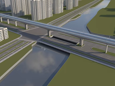 Modern Multi Level Bridge Over Urban River With High Rise Buildings And Roads 3d model