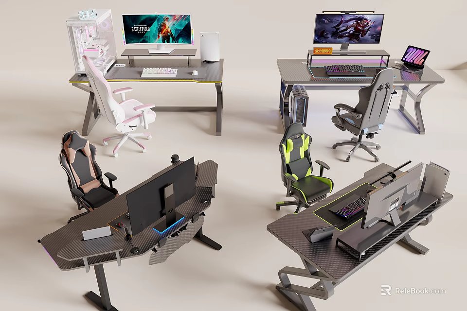 Gaming Desk and Chair Sets with Multiple Monitors Ergonomic Designs Modern Gaming Equipment 3d model 