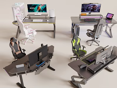 Gaming Desk and Chair Sets with Multiple Monitors Ergonomic Designs Modern Gaming Equipment 3d model