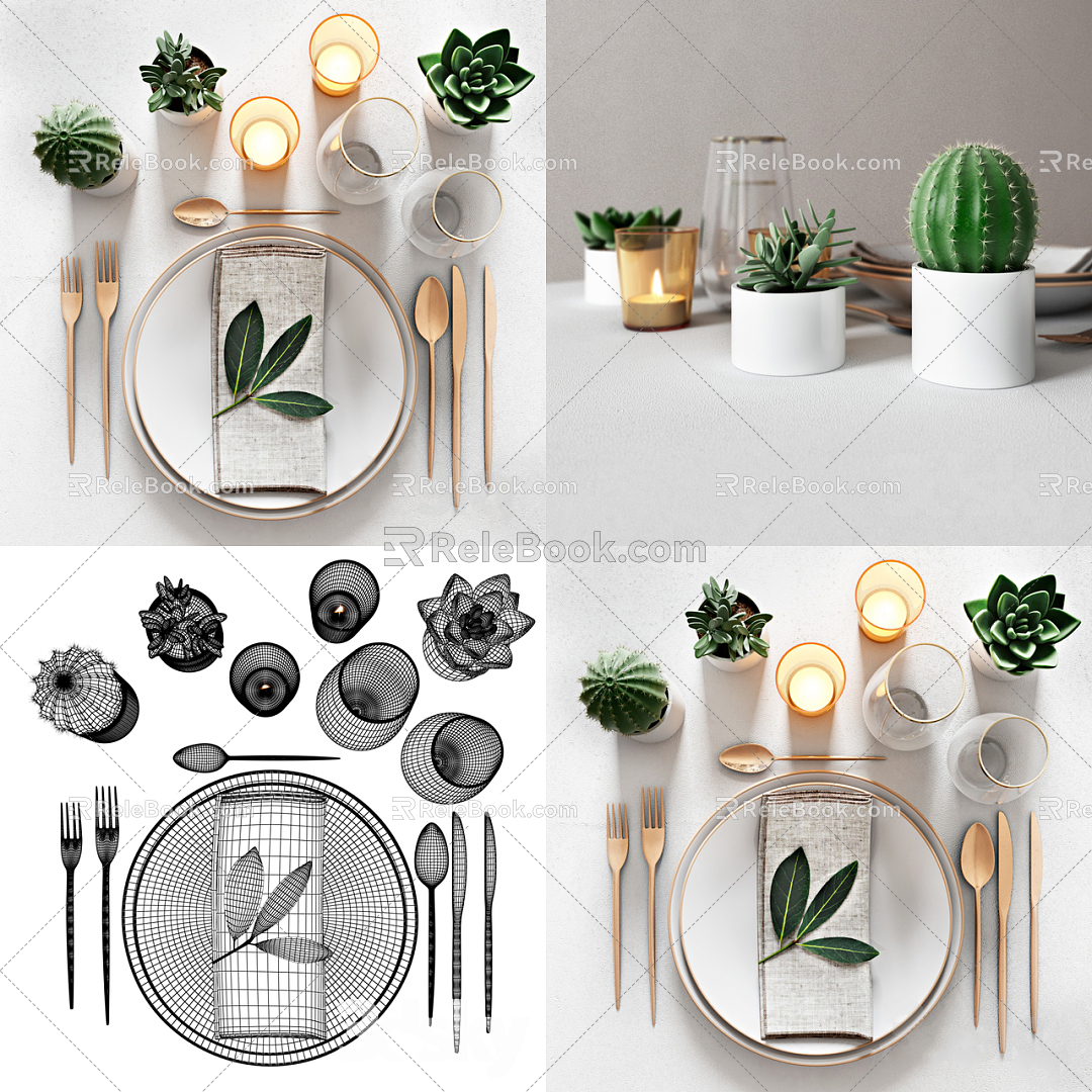 Modern tableware cactus plate knife and fork 3d model