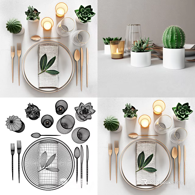 Elegant Tableware Set With Golden Utensils Glass Cups Green Plants Candles And Napkins 3d model 