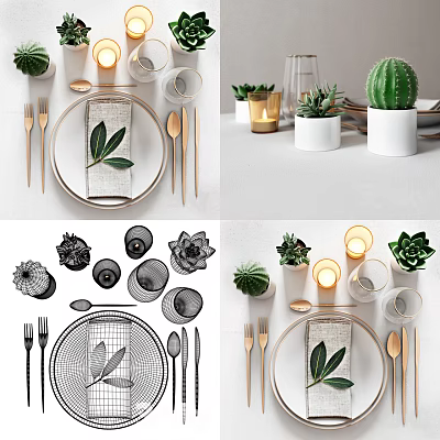 Elegant Tableware Set With Golden Utensils Glass Cups Green Plants Candles And Napkins 3d model