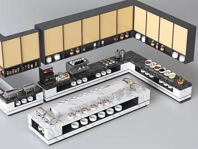 Modern Kitchen Interior Featuring Marble Kitchen Island With Food Display And Cabinets 3d model