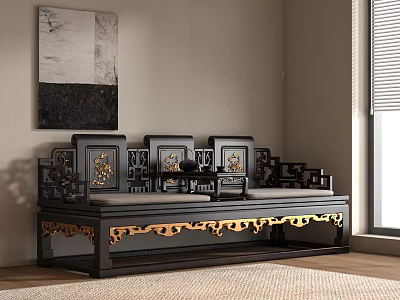 Traditional Chinese Arhat Bed With Black Frame Golden Carvings And Cushions In Room Interior 3d model