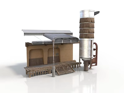 Industrial Equipment Setup Featuring Metal Cylindrical Tower Wooden Platform With Canopy And Connected Pipes 3d model