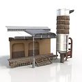 Industrial Equipment Setup Featuring Metal Cylindrical Tower Wooden Platform With Canopy And Connected Pipes