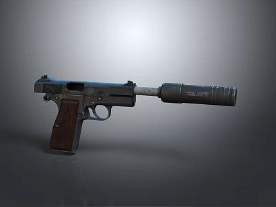 Classic Metal Pistol With Silencer And Wooden Grip Isolated On Dark Background 3d model