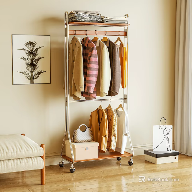 Mobile Clothes Rack With Hanging Clothes Wooden Shelf And Storage Accessories 3d model 