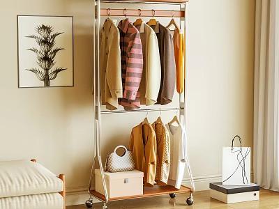 Mobile Clothes Rack With Hanging Clothes Wooden Shelf And Storage Accessories 3d model
