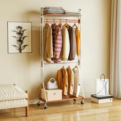 Mobile Clothes Rack With Hanging Clothes Wooden Shelf And Storage Accessories 3d model