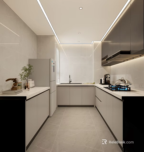 Modern Kitchen Interior Design With White Countertop Black Cabinets And Stainless Steel Appliances 3d model 