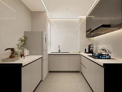 Modern Kitchen Interior Design With White Countertop Black Cabinets And Stainless Steel Appliances 3d model