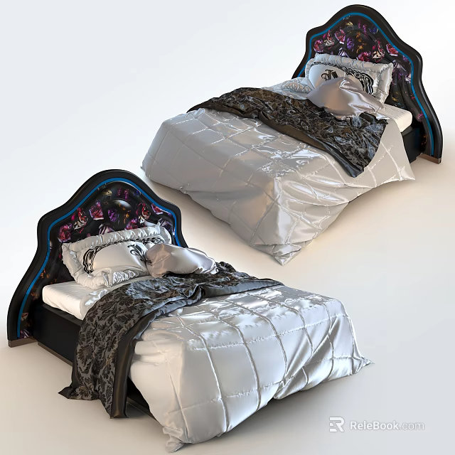 Elegant Modern Single Bed With Floral Accent Headboard Silver Quilted Bedspread And Decorative Pillows 3d model 