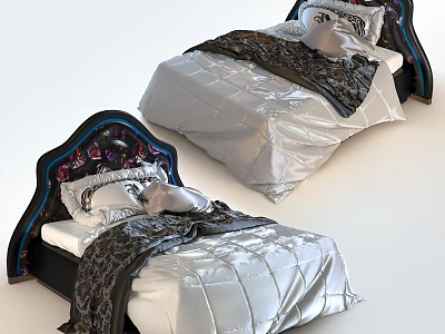 Elegant Modern Single Bed With Floral Accent Headboard Silver Quilted Bedspread And Decorative Pillows 3d model