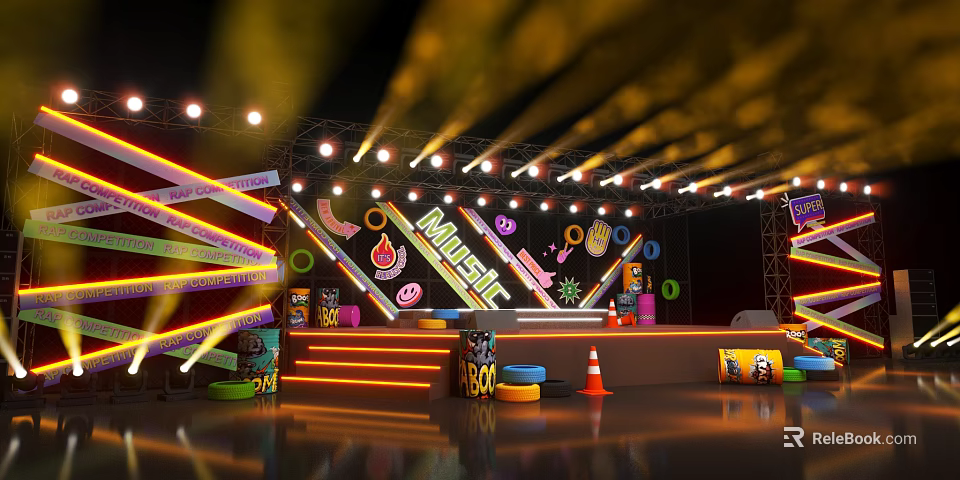 Bright Musical Themed Stage With Colorful Decorative Elements And Vibrant Lights 3d model 