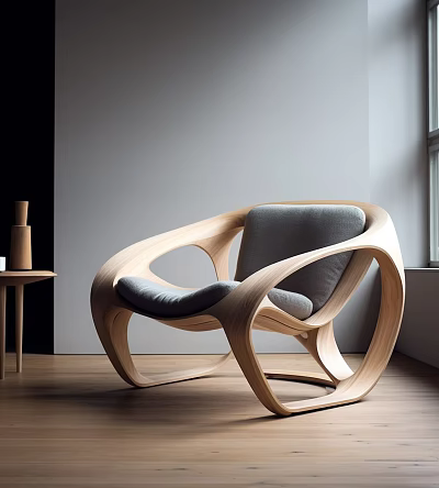 Modern Curved Wooden Armchair With Gray Cushion In Minimalist Interior Space 3d model