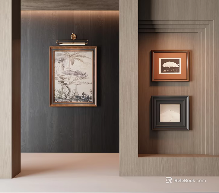 Stylish Abstract Paintings Hanging On Wooden Walls With Different Framed Artworks 3d model 