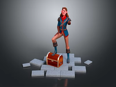 Game Movie Character In Blue Red Outfit Standing On Wooden Treasure Chest With Gray Blocks 3d model