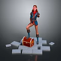 Game Movie Character In Blue Red Outfit Standing On Wooden Treasure Chest With Gray Blocks