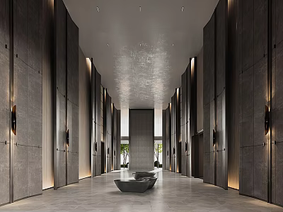 Modern Elevator Lobby Featuring Dark Panels Ambient Lighting And Marble Floor 3d model