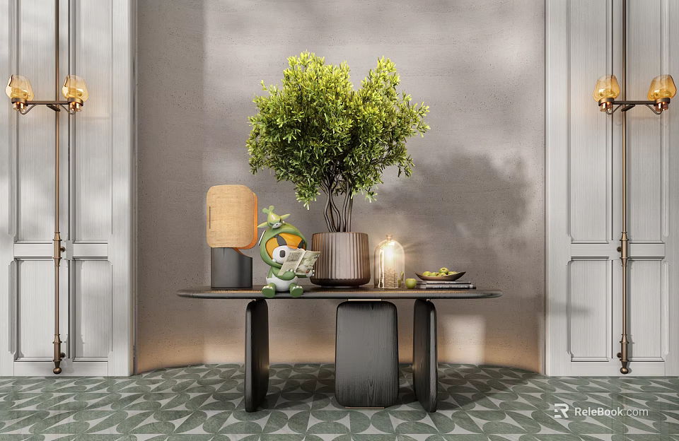 Modern Entryway Console Table With Green Plant Table Lamp Decorative Items And Geometric Tiles 3d model 