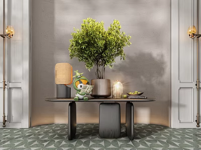 Modern Entryway Console Table With Green Plant Table Lamp Decorative Items And Geometric Tiles 3d model